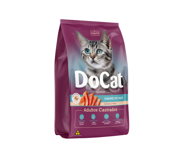 Docat Premium Gatos Adultos Castrados Salmão e Peixe