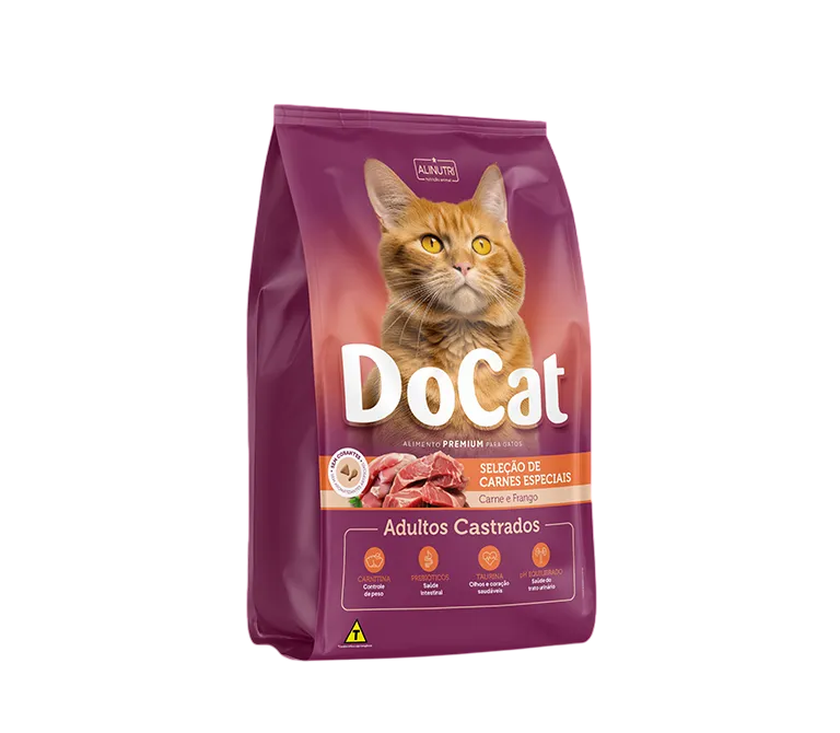 Docat Premium Gatos Adultos Castrados Carne e Frango