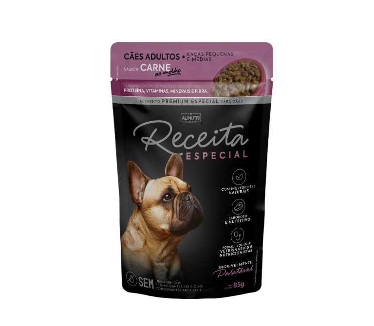 SACHÊ ÚMIDO RECEITA ESPECIAL AO MOLHO CÃES ADULTOS RAÇAS PEQUENAS E MÉDIAS SABOR CARNE