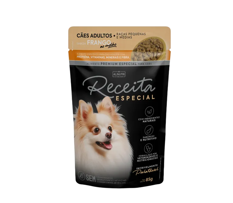 SACHÊ ÚMIDO RECEITA ESPECIAL AO MOLHO CÃES ADULTOS RAÇAS PEQUENAS E MÉDIAS SABOR FRANGO